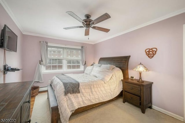 bedroom with ceiling fan, a baseboard radiator, and ornamental molding