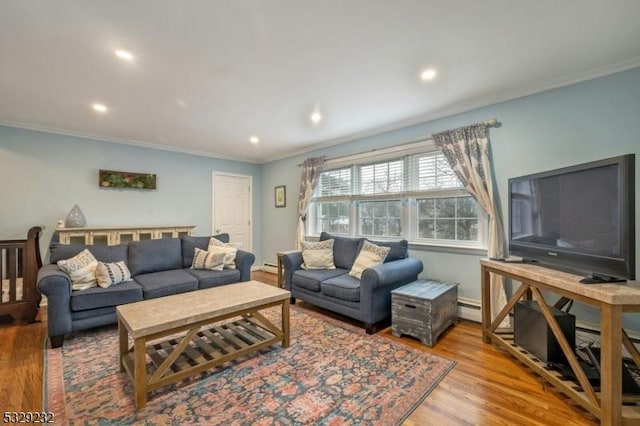 living room featuring light hardwood / wood-style floors and crown molding