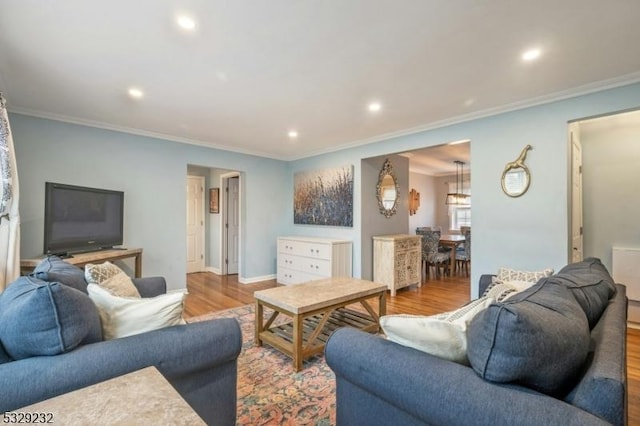 living room with crown molding and light wood-type flooring