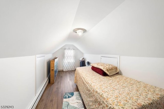 bedroom with dark hardwood / wood-style flooring and lofted ceiling