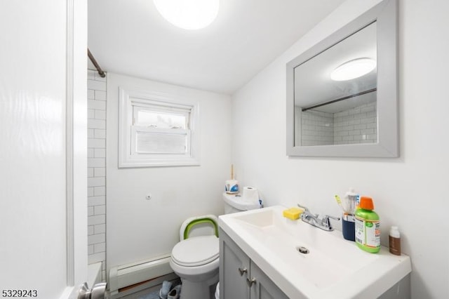 bathroom featuring vanity, toilet, walk in shower, and a baseboard heating unit