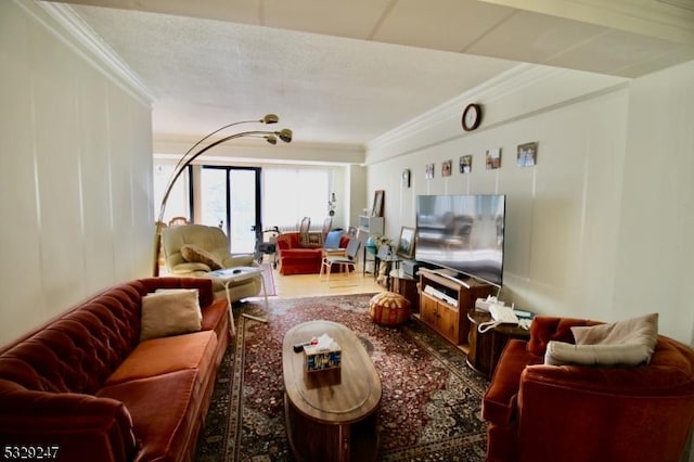 living room with crown molding