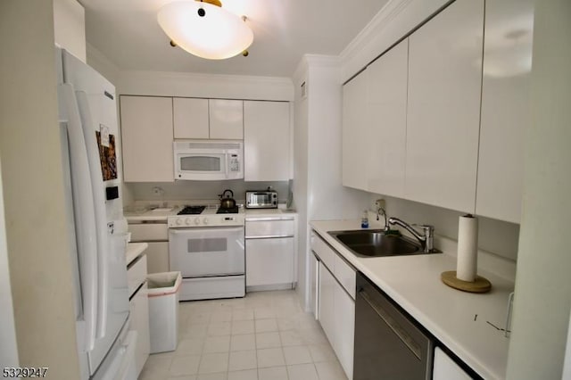 kitchen featuring white cabinetry, sink, white appliances, and crown molding