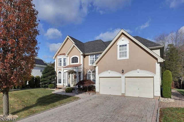 front facade featuring a front yard and a garage