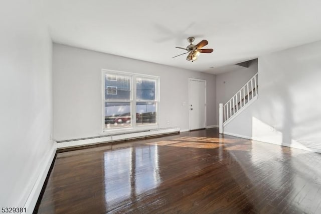 unfurnished room with hardwood / wood-style flooring, ceiling fan, and a baseboard radiator