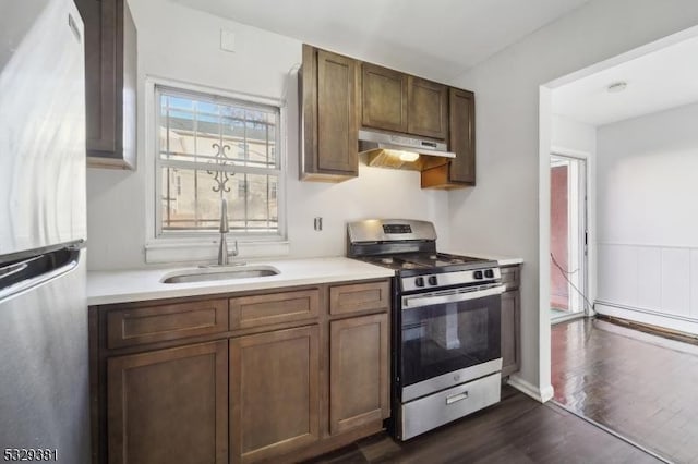 kitchen featuring dark wood-type flooring, stainless steel appliances, and sink