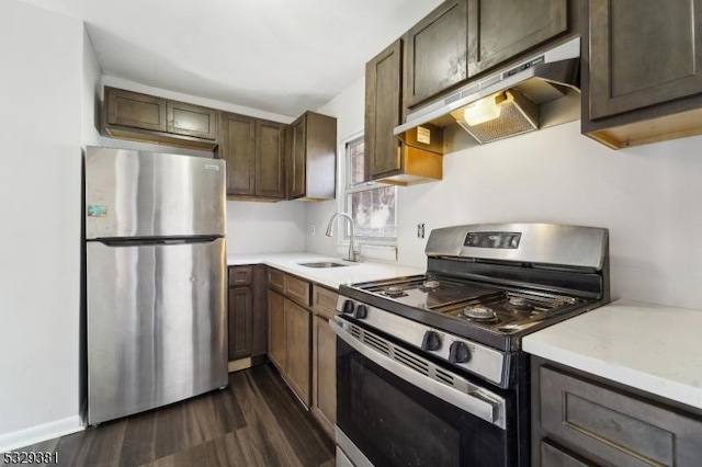 kitchen with dark brown cabinetry, ventilation hood, stainless steel appliances, dark wood-type flooring, and sink