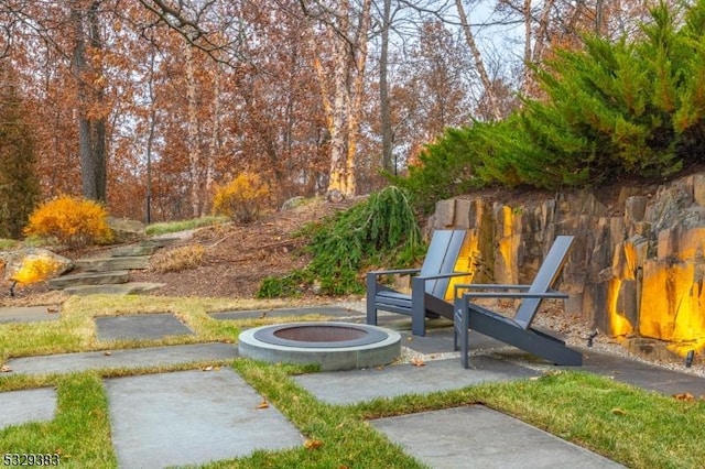 view of yard with a fire pit and a patio