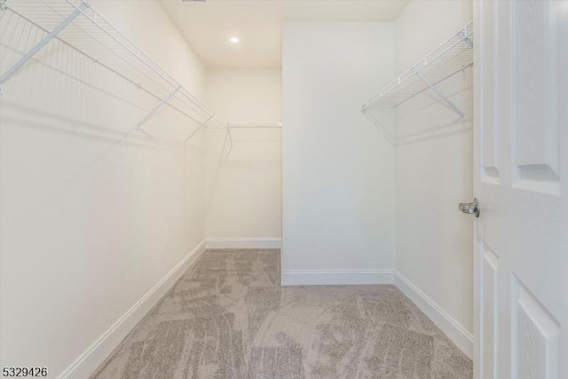 walk in closet with light colored carpet