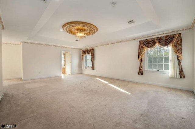 unfurnished room featuring carpet floors and a tray ceiling