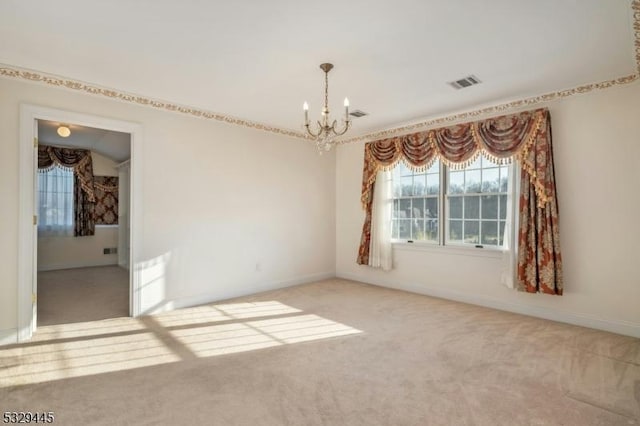 unfurnished room with a notable chandelier and light carpet