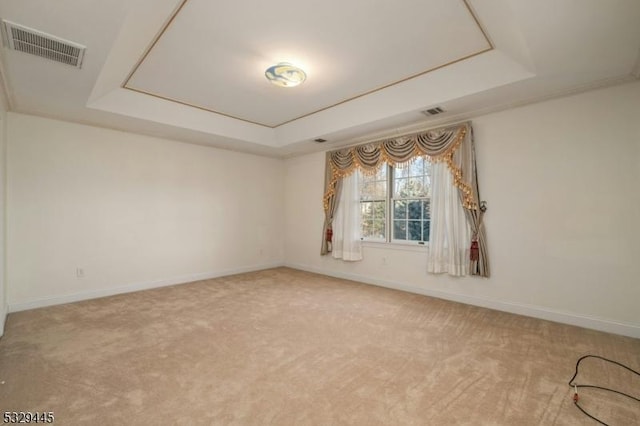 unfurnished room featuring carpet and a raised ceiling