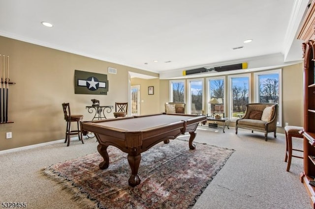 playroom featuring light colored carpet, ornamental molding, and pool table