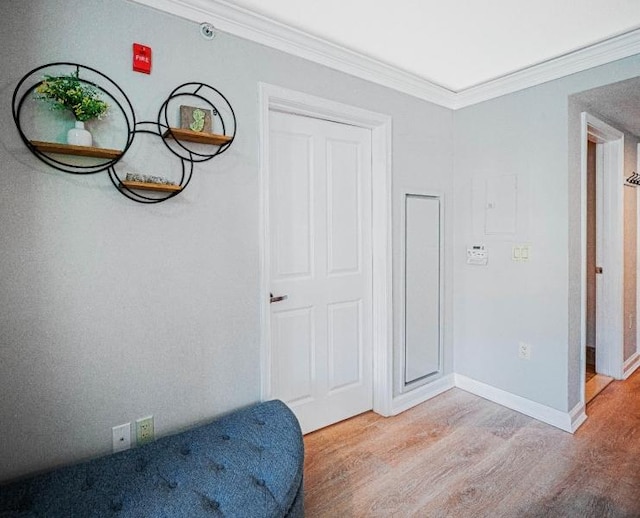 interior space featuring crown molding and light hardwood / wood-style floors