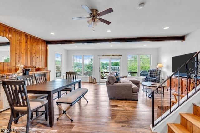 413B Lakeside Blvd, Hopatcong Boro, NJ 07843 - dining area featuring stairway, wood finished floors, recessed lighting, a ceiling fan, and wooden walls