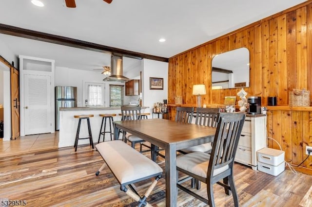 413B Lakeside Blvd, Hopatcong Boro, NJ 07843 - dining space featuring a ceiling fan, wooden walls, wood finished floors, ornamental molding, and recessed lighting