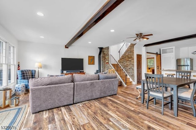 413B Lakeside Blvd, Hopatcong Boro, NJ 07843 - living room with stairs, wood finished floors, beamed ceiling, a ceiling fan, and recessed lighting