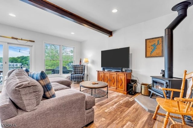 413B Lakeside Blvd, Hopatcong Boro, NJ 07843 - living area with a wood stove, beamed ceiling, light wood-style floors, and recessed lighting