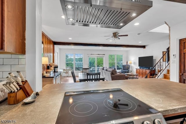 413B Lakeside Blvd, Hopatcong Boro, NJ 07843 - kitchen featuring electric stove, range hood, ceiling fan, recessed lighting, and open floor plan