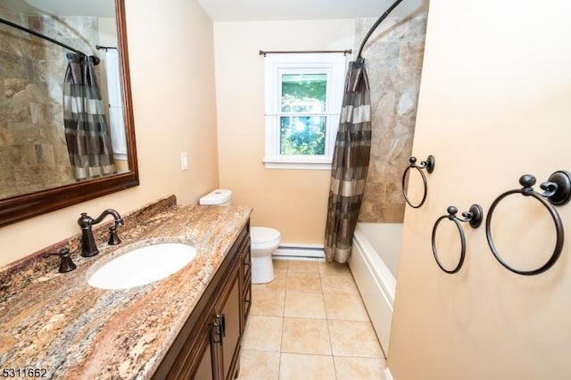 full bathroom featuring vanity, a baseboard heating unit, shower / bathtub combination with curtain, tile patterned flooring, and toilet