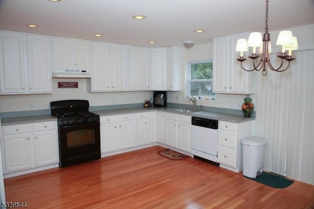 kitchen with black range with gas stovetop, under cabinet range hood, white dishwasher, a notable chandelier, and a sink