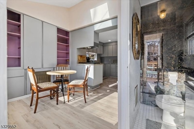 kitchen featuring gray cabinetry and light wood-type flooring