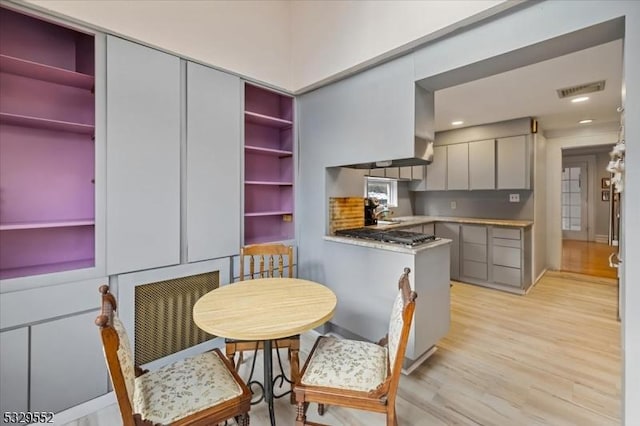 kitchen featuring light hardwood / wood-style flooring and gray cabinetry