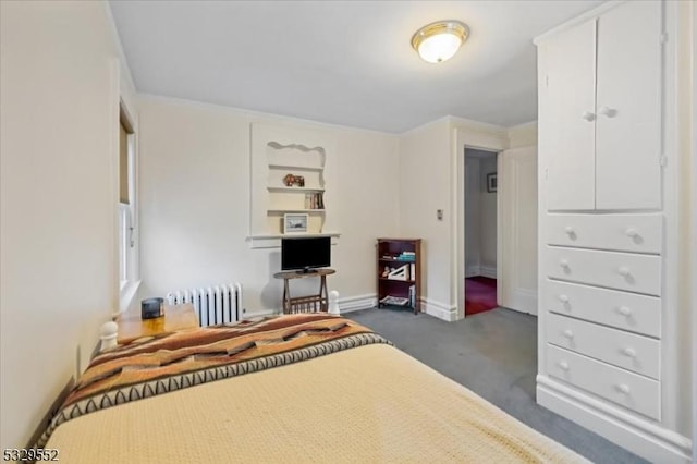 bedroom featuring dark colored carpet and radiator heating unit