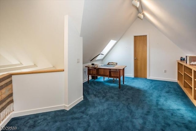 additional living space with dark colored carpet and lofted ceiling with skylight