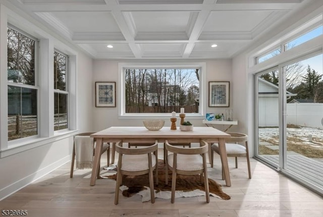 sunroom featuring coffered ceiling and beamed ceiling