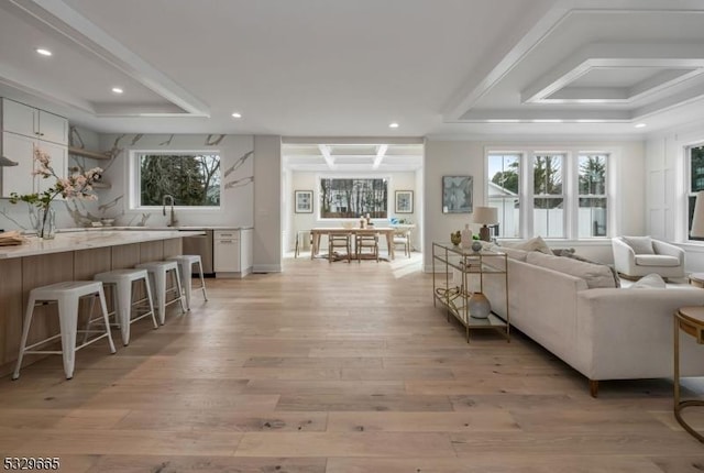 living room featuring recessed lighting, a raised ceiling, and light wood-style flooring