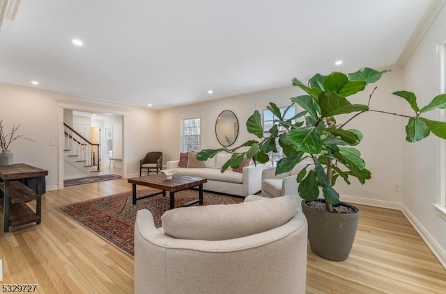 living room featuring crown molding and light wood-type flooring