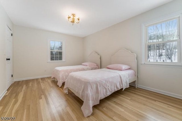 bedroom featuring light hardwood / wood-style flooring and multiple windows