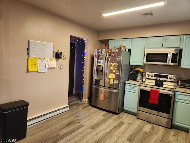 kitchen featuring green cabinetry, light hardwood / wood-style floors, appliances with stainless steel finishes, and a baseboard radiator