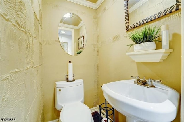 bathroom with toilet, ornamental molding, and sink