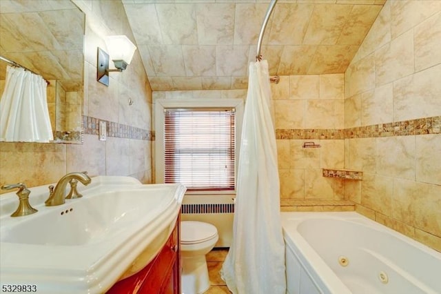 full bathroom featuring tile patterned floors, lofted ceiling, shower / bath combination with curtain, and tile walls