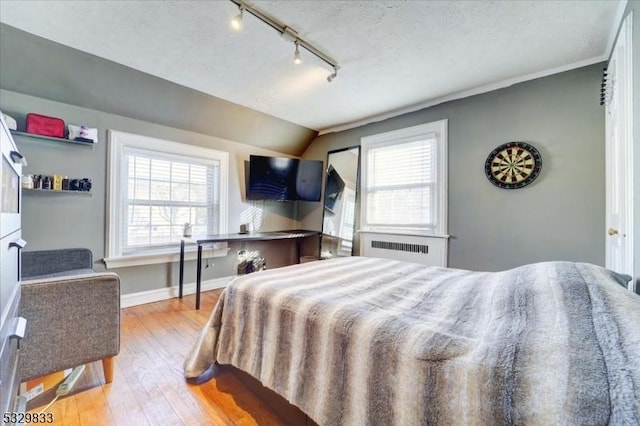 bedroom with light hardwood / wood-style floors, track lighting, multiple windows, and lofted ceiling