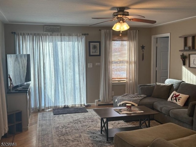 living room with wood-type flooring and ceiling fan