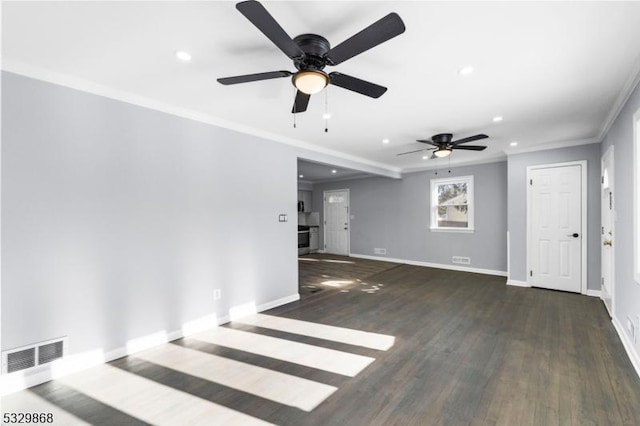 unfurnished living room with dark hardwood / wood-style floors, ceiling fan, and ornamental molding