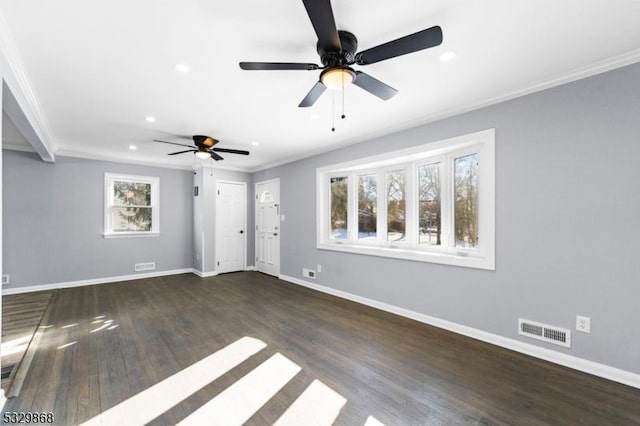 interior space featuring dark hardwood / wood-style flooring, ceiling fan, and crown molding