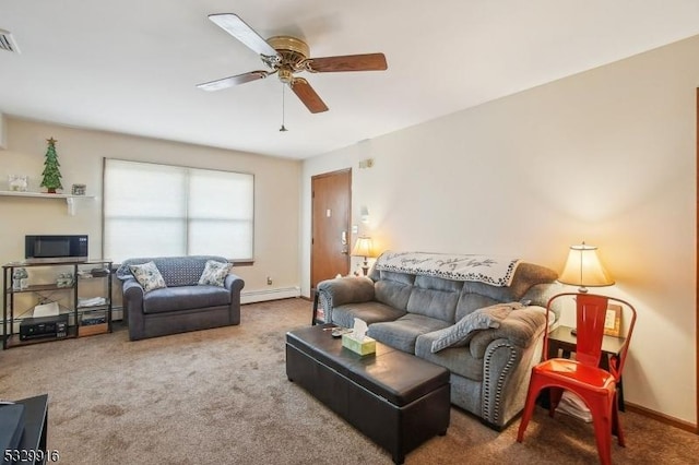 living room featuring ceiling fan, carpet, and a baseboard heating unit