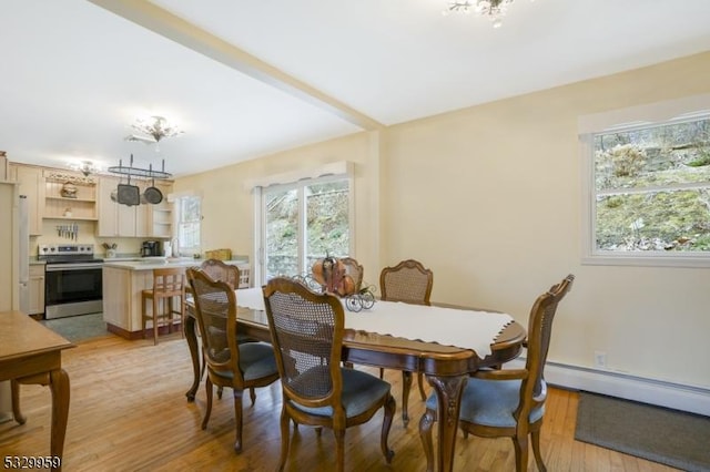 dining area featuring light hardwood / wood-style floors, sink, a wealth of natural light, and a baseboard radiator