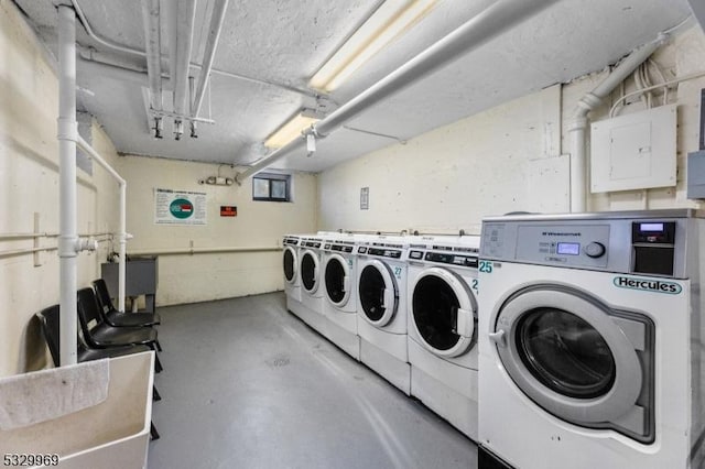 laundry area with washing machine and dryer and electric panel