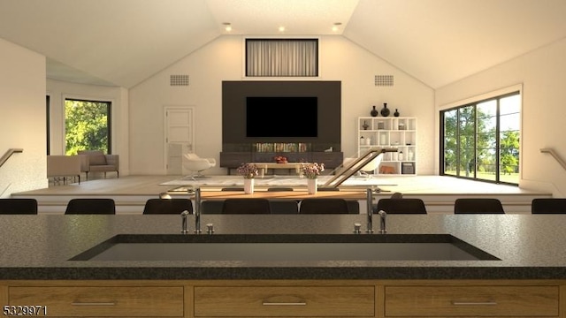 136-2 Mount Harmony Rd, Bernardsville Boro, NJ 07924 - interior space featuring dark countertops, visible vents, open floor plan, and vaulted ceiling