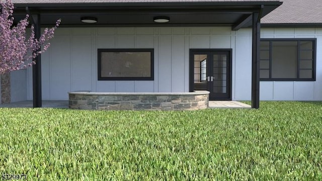 136-2 Mount Harmony Rd, Bernardsville Boro, NJ 07924 - property entrance featuring a yard, board and batten siding, and stone siding