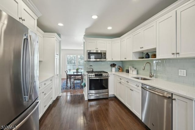 kitchen with stainless steel appliances, a sink, white cabinets, backsplash, and dark wood-style floors