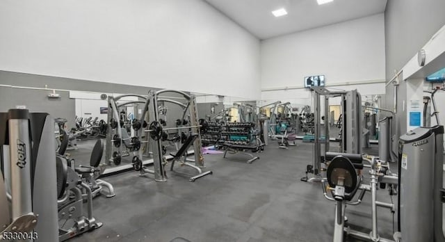 exercise room featuring water heater and a towering ceiling