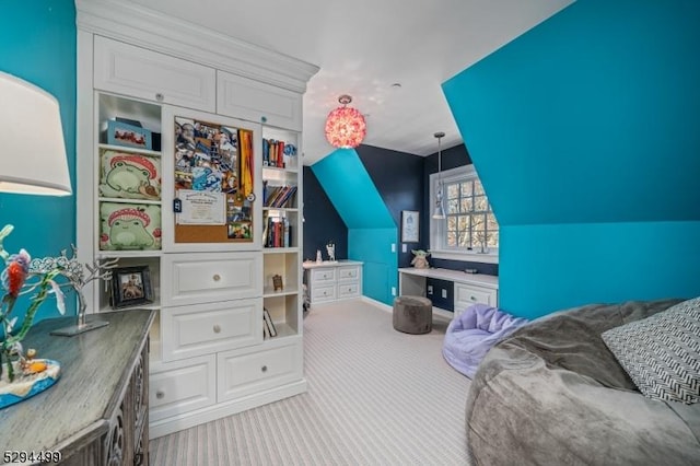 carpeted bedroom featuring vaulted ceiling