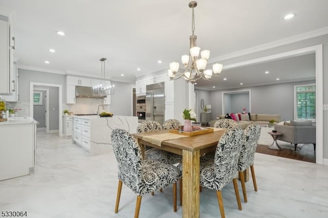 dining area with a chandelier, recessed lighting, and crown molding