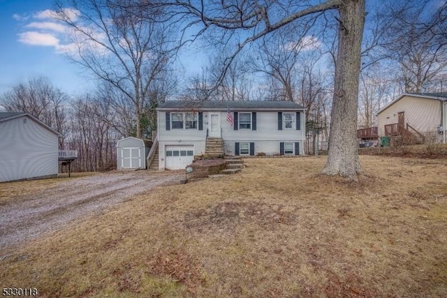 bi-level home with a shed